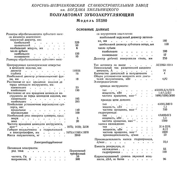 Технічні характеристики зубозакругляющего верстата 5Е580